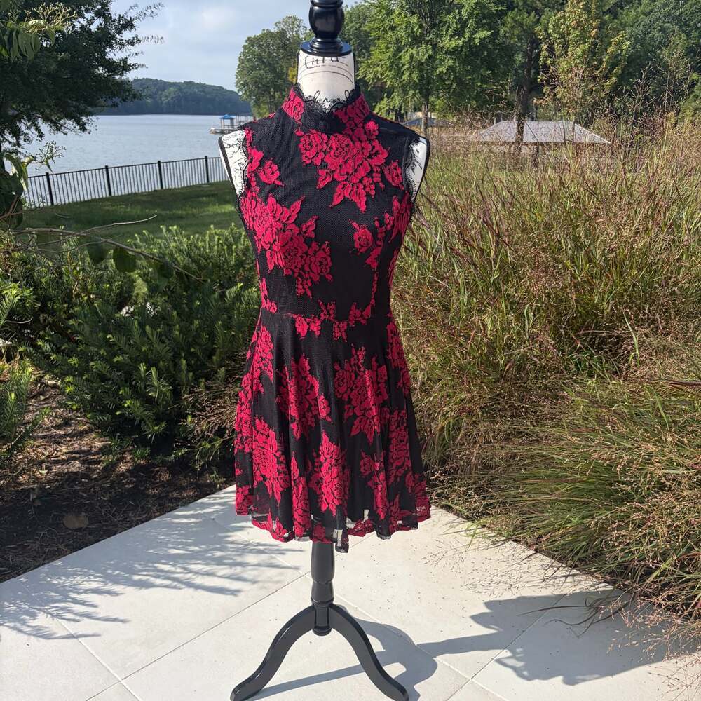 City Studio Black & Red Floral Lace Mock Neck Fit & Flare Cocktail Dress Size 9